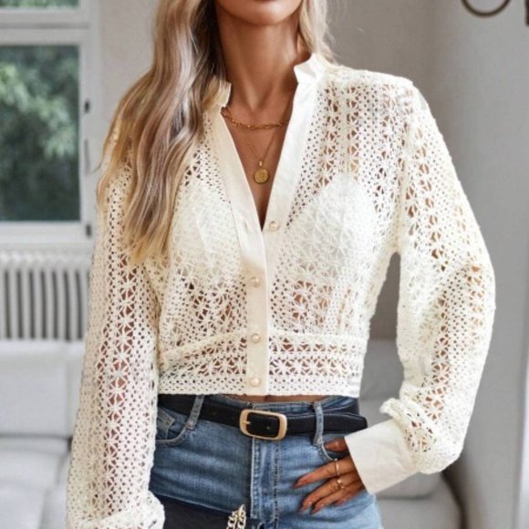 MONARCH FASHION Tops - White Hollow Out Button Front Crop Blouse